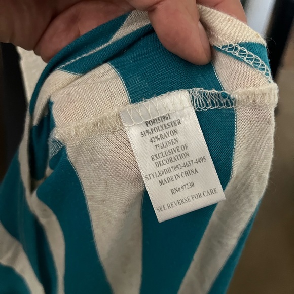 Large Almost Famous Vacation Dress, High Low Cut, Blue/White, Crocheted Back - Picture 10 of 10